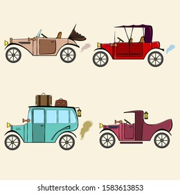 Set of retro cars, bus and pickup in comics cartoon style on beige background. Collection with vintage car, bus and pickup.