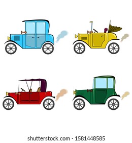 Set of retro cars in cartoon style on white background. Collection with vintage cars.