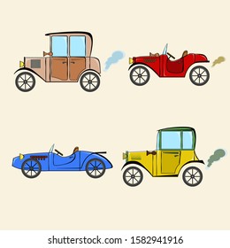 Set of retro cars and sports car in comics cartoon style on beige background. Collection with vintage car and sports car.