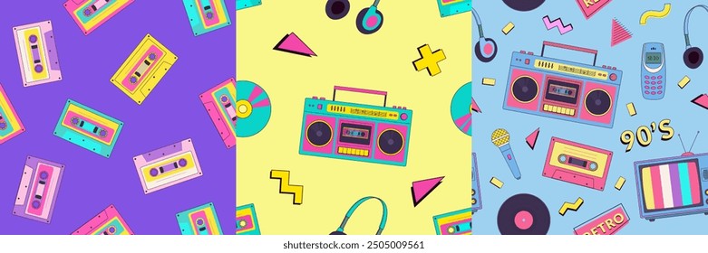 Set of retro cartoon 90s music seamless pattern. Nostalgia 1990s, y2k. Disco background