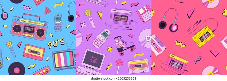 Set of retro cartoon 90s, y2k devises seamless pattern. Vintage technologies, music background. Old computer, floppy disk, phone, audio cassette, player, microphone, phone