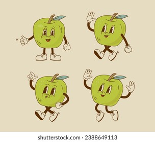 Set of retro cartoon apple characters in different poses and emotion. Vintage Smiling fruit mascot vector illustration.