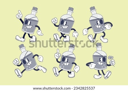 Set of retro cartoon bottle mascots with eyepatch in playful poses