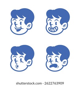 Set of retro cartoon boy face expressions in bold blue line art style, showing happy, cheeky, surprised, and smiling moods. Great for stickers, branding, mascot, and kids design