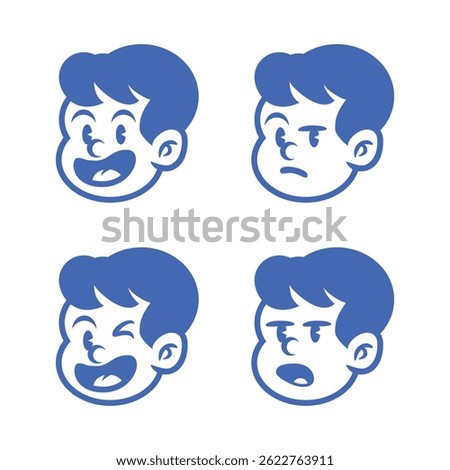Set of retro cartoon boy face expressions in bold blue line art style, showing happy, cheeky, surprised, and smiling moods. Great for stickers, branding, mascot, and kids design