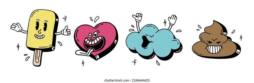 Un conjunto de personajes de dibujos retro de los años 30. Vector multicolor de sonrisa cómica vintage 