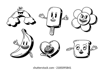 A set of retro cartoon characters from the 30s. Vintage comic smile black and white vector 