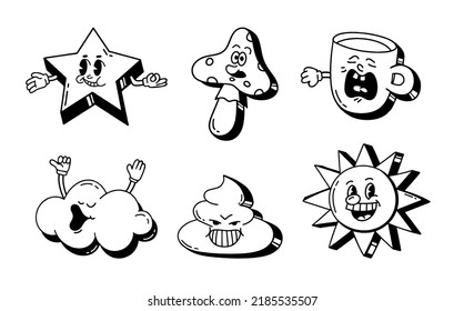 A set of retro cartoon characters from the 30s. Vintage comic smile black and white vector 