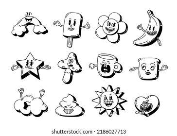 Un conjunto de personajes de dibujos retro de los años 30. Sonrisa cómica vintage vector blanco y negro 