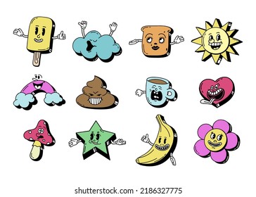 A set of retro cartoon characters from the 30s. Vintage comic smile multicolored vector 