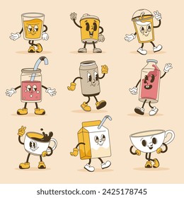 Set of retro cartoon characters. Beverage mascots with positive facial expression. Emoticons for social media chatting. Smiling personages or stickers with hands and legs. Vector in flat style