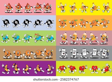 Set of Retro Cartoon Characters. Big retro cartoon mascot set: watermelon, vinyl, globe, basketball, banana, bottle, apple, pencil, smartphone and heart. Vector.