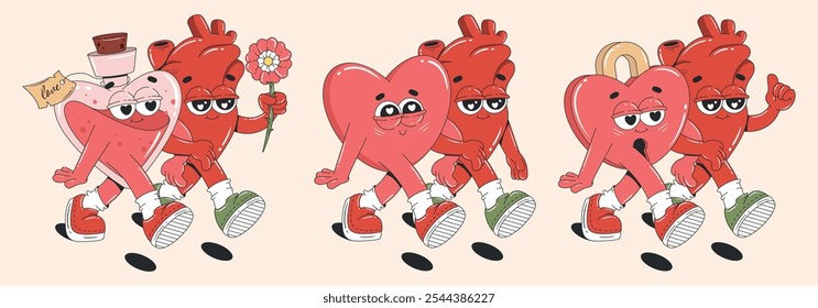 Set of retro cartoon characters and elements for Valentine's Day. Trendy groovy style stickers. Heart, pink love potion.