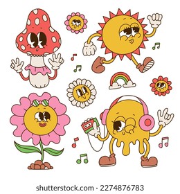 Set of retro cartoon characters with face expressions. Retro groovy contour graphic flowers, mushroom, melting yellow emoji, sun. Vintage 70s style stickers. Cute colorful vector illustration.