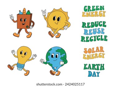 set of retro cartoon characters and groovy lettering quotes for Environment day, Earth day, zero waste. Good for posters, stickers, cards, prints, banners, sublimation, etc. EPS 10
