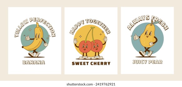 Set of retro cartoon cherry, banana, pear characters  poster. Vintage tropical fruit, citrus mascot vector illustration. Perfect for packaging, print, banner
