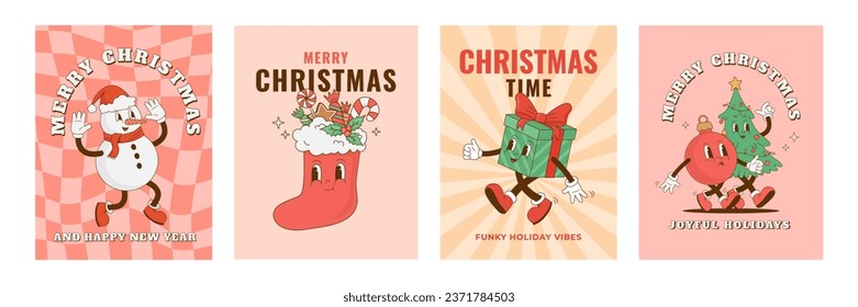 Set of retro cartoon Christmas characters posters. Funny snowman, Xmas stocking, Christmas tree, giftbox mascot. Vector illustration. New year decoration