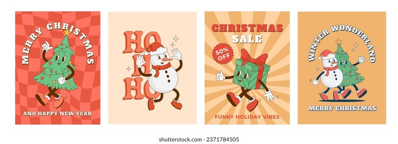 Set von Retro-Cartoon Weihnachtsfiguren Plakate. Weihnachtsbaum, Schneemann, Geschenkbox Maskottchen. Neujahr Dekoration Vektorgrafik. Print, Poster, Grußkarte, Postkarte