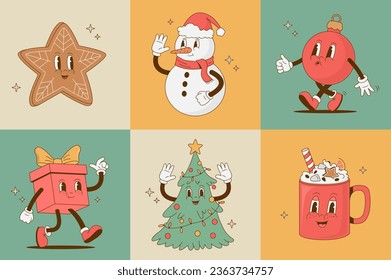 Juego de dibujos retro caricaturistas de Navidad. Pan de jengibre, taza de café, bola, caja de regalos, muñeco de nieve, mascota de árbol de Navidad. Ilustración vectorial vintage. Nostalgia de los años 60, 70 y 80