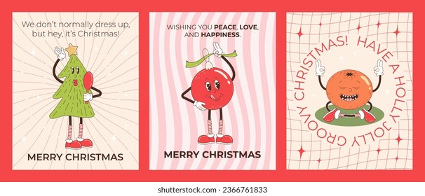 Set of retro cartoon Christmas greeting cards with text-Christmas tree, Christmas ball, tangerine. Merry Christmas poster set in trendy groovy hippie style.