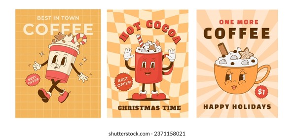 Set of retro cartoon Christmas hot drink posters. Coffee cup, cappuccino, latte, cocoa beverage mascot. Vector illustration. Print, flyer, invitation for cafeteria.