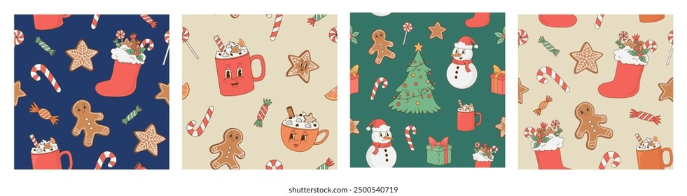 Set of retro cartoon Christmas seamless pattern. Xmas tree, snowman, sweets, gift, coffee cup. Perfect for decoration, wrapping paper, print