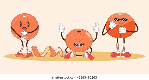 Set of retro cartoon clementines. Funny orange characters. Merry Christmas and Happy New year in trendy groovy hippie style.