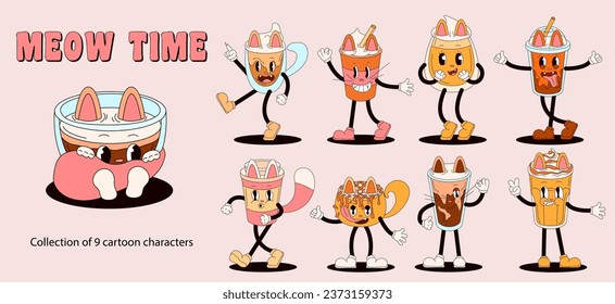 Set of retro cartoon coffee mugs in the shape of cats. Groovy characters in shape of coffee cup with gloved hands. Cappuccino, latte, espresso, moka. Vector illustration.