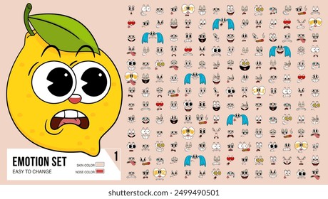 Set of retro cartoon comic faces with different emotional expressions. Cartoon funny faces. Caricature emotions. Expressive emotion, eyes, mouth, smiling and surprised character face expressions.