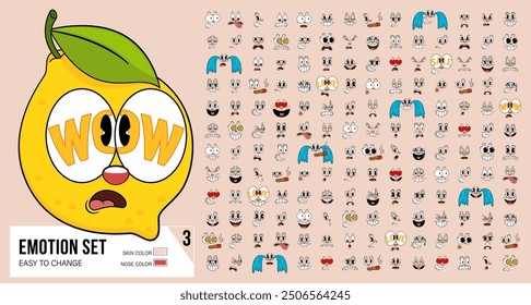 Set of retro cartoon comic faces with different emotional expressions. Cartoon funny faces. Caricature emotions. Expressive emotion, eyes, mouth, smiling and surprised character face expressions.