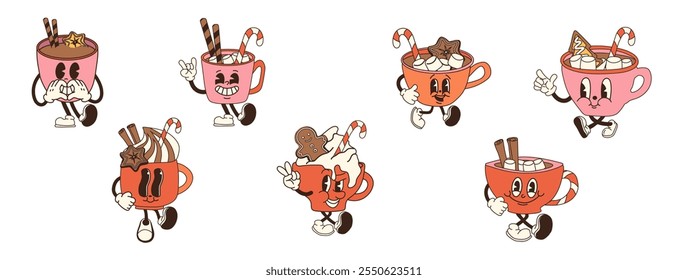 A set of retro cartoon cups of hot chocolate with marshmallows and candy canes, designed as Christmas mascot characters