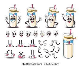 Set Retro Cartoon Dairy Product Character Featuring Different Facial Expressions, Hands, And Legs. Vector Yoghurt Bottle