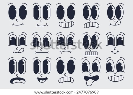Set of retro cartoon in different types of facial expressions. Vector illustration in doodle style