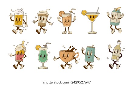 Set of retro cartoon drink characters vector illustration. Beverage mascot collection. Vintage beer, juice, coffee, cappuccino, latte, can, alcohol coctail, soda, smoothie on white background. 