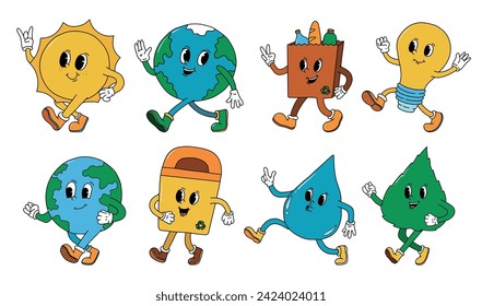 set of retro cartoon elements for environment day, earth day, zero waste. Good for posters, stickers, cards, prints, banners, sublimation, etc. EPS 10