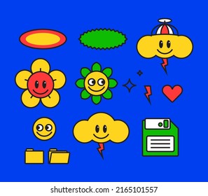 Conjunto de emoticonos de dibujos retro y elementos de la vieja escuela.