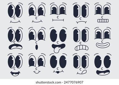 Conjunto de emoticones de dibujos animados retro con diferentes expresiones faciales. Ilustración vectorial en estilo doodle