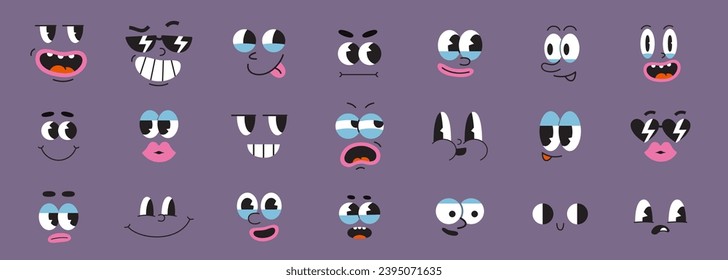 Set of retro cartoon faces, groovy comic characters facial expressions, old animation. Different emotions like happy, sad, angry, wonder. Trendy modern vector illustration, hand drawn, flat design