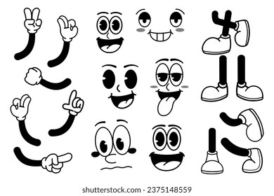 Set of retro cartoon facial expressions, legs, and hands in gloves. Hand drawn vector illustration