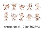 Set of retro cartoon fast food and drink character. Vintage pizza, hot dog, burger, ice crean, kebab, coffee cup, french fries donut, beer can mascot. Nostalgia 90s, 70s, 80s Vector illustration. 