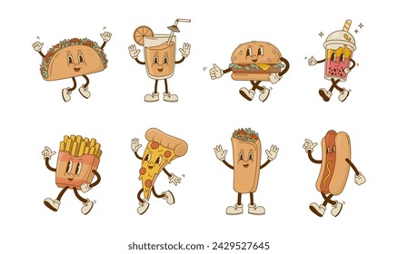 Conjunto de dibujos animados retro de comida rápida y bebida personajes ilustración vectorial. Pizza vintage, hot dog, hamburguesa, taco, batido, mascota gyros sobre fondo blanco. 