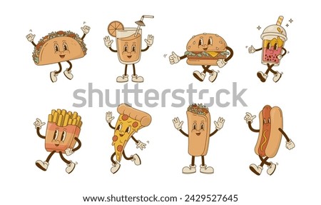 Set of retro cartoon fast food and drink characters vector illustration. Vintage pizza, hot dog, burger, taco, smoothie, gyros mascot on white background. 