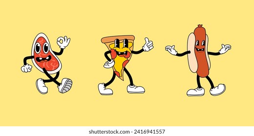 Set of Retro Cartoon food characters mascots illustrations