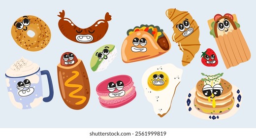 Set of retro cartoon food characters. Trendy sticker set with funky groovy food characters. Vector groovy element food breakfast. Croissant, hot dog, pancake, coffee, fried egg, sandwich, burrito