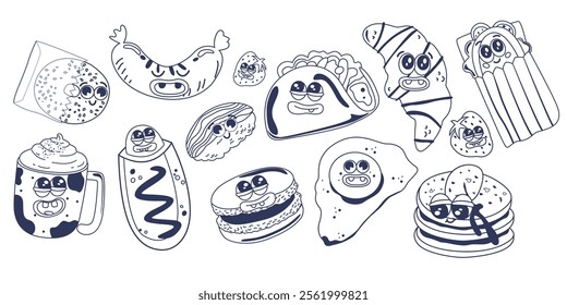 Set of retro cartoon food characters. Trendy sticker set with funky groovy food characters. Vector groovy element food breakfast. Croissant, hot dog, pancake, coffee, fried egg, sandwich, burrito