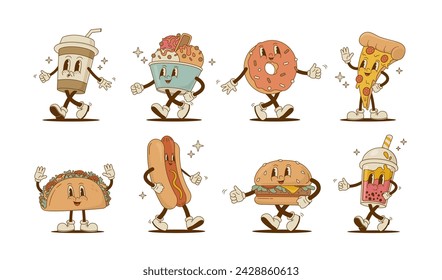 Set of retro cartoon food and drink characters vector illustration. Vintage pizza, donut, hot dog, burger, coffee, latte, ice cream, taco, smoothie mascot on white background. Fast food collection