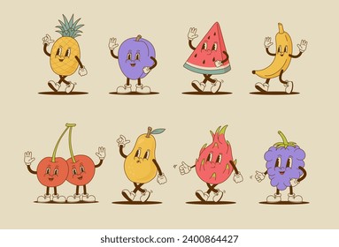 Set of retro cartoon fruit and berry characters. Watermelon, cherry, pear, pineapple, dragon fruit, plam, banana, blackberry, banana mascot. Vintage vector illustration. 