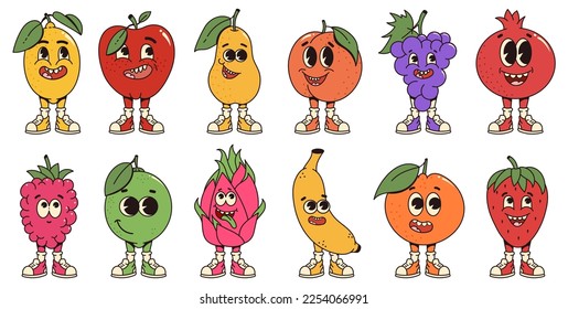 Set retro cartoon fruit characters. Modern illustration with cute comics characters. Hand drawn doodles of comic characters. Set in modern cartoon style. 70s retro vibes.