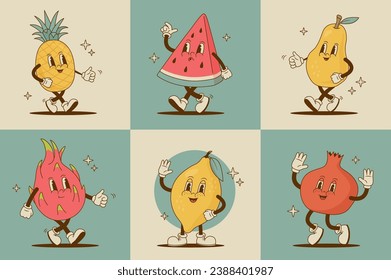 Conjunto de personajes de la fruta de dibujos animados retro. Limón, sandía, piña, pera, granate, fruta de dragón, mascota pitaya. Ilustración vectorial vintage. Nostalgia de los años 60, 70 y 80