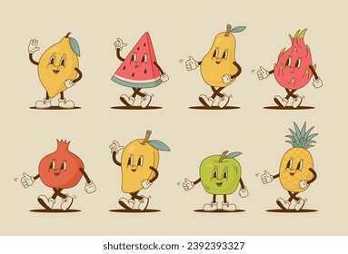 Set of retro cartoon fruit characters. Lemon, watermelon, pineapple, pear, garnet, apple, mango, pitaya mascot. Vintage vector illustration. 